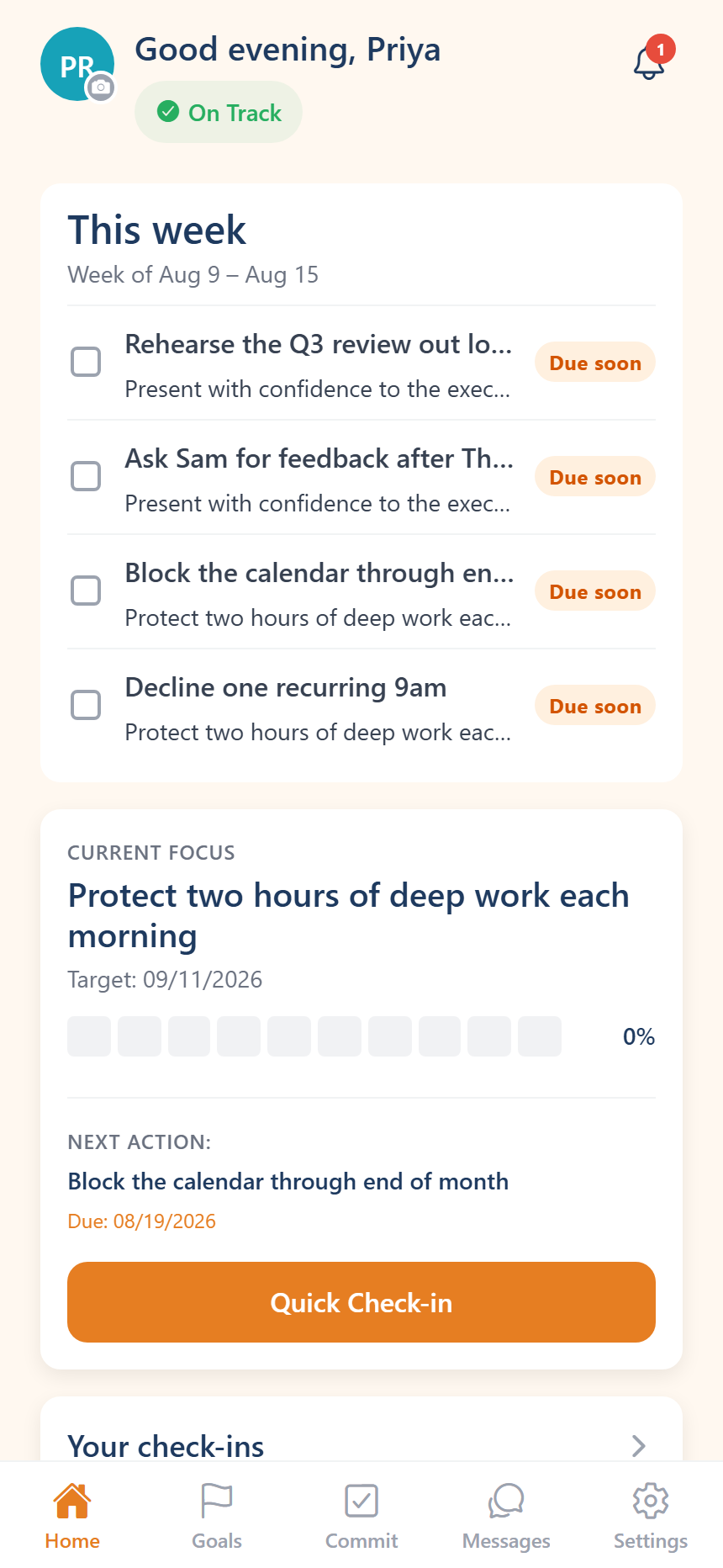 The client's home screen, showing this week's commitments, their current focus goal, the next action and a quick check-in button.