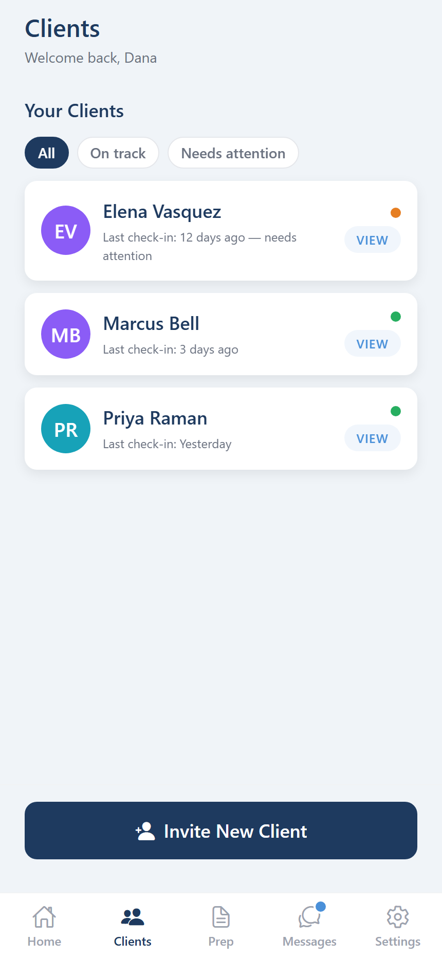 The coach roster, each client showing an on-track or needs-attention dot and how long since their last check-in.