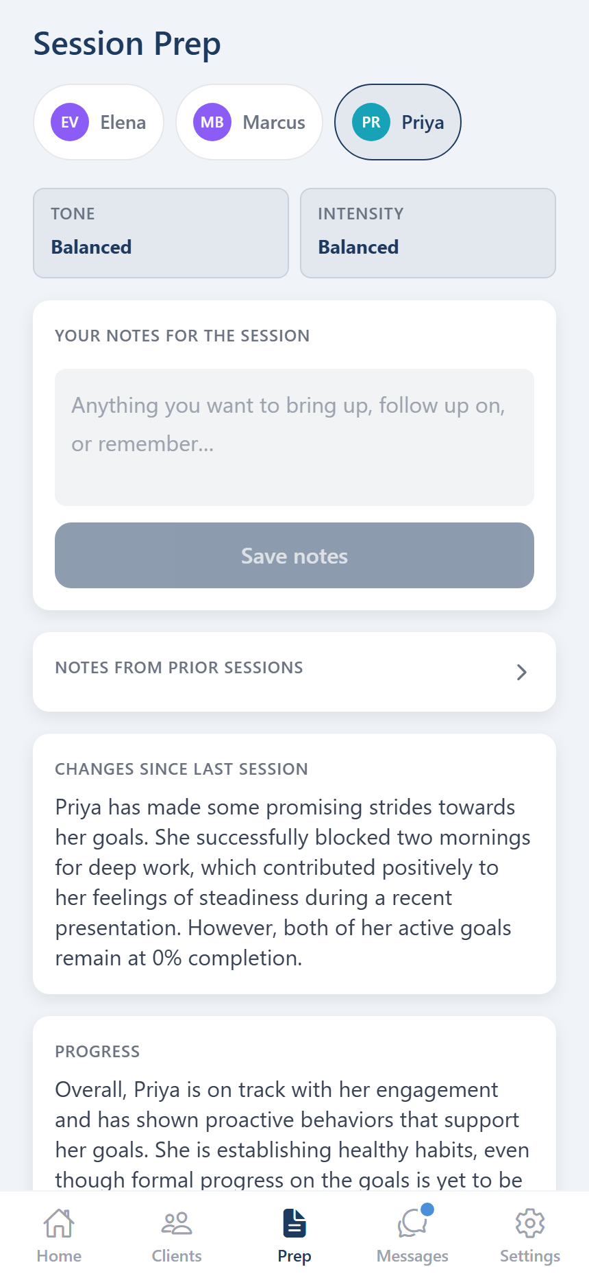 A session prep screen summarising what has changed for a client since the last session, with their recent check-ins.
